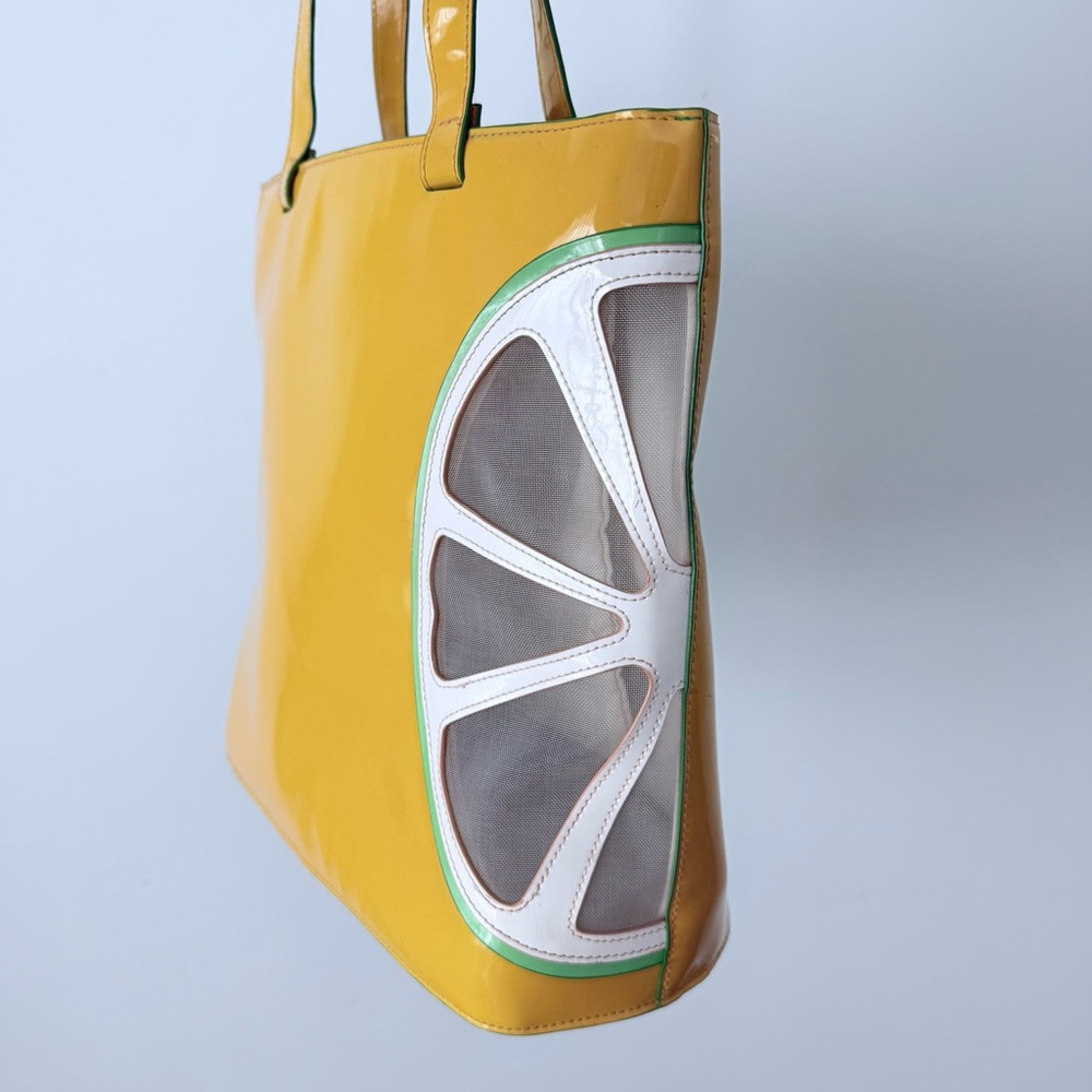 🍋 Donna Dixon Y2K Citrus Slice Patent Tote Bag  Bright Yellow Purse - Picture 7 of 14